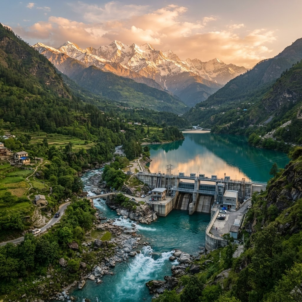 Himalayan river valley with a hydropower dam beneath snow-capped peaks